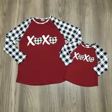Футболка для маленьких девочек на День святого Валентина, в винную клетку, в форме сердца, XOXO, в клетку, хлопковая, mommy& me, топ, футболка детская одежда с длинными рукавами
