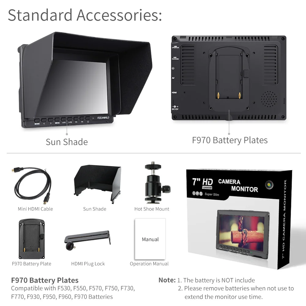 Feelworld FW759 7" 1280x800 IPS Camera Field DSLR Video Monitor with Peaking Focus HD LCD Monitor + NP750 Battery + Charger