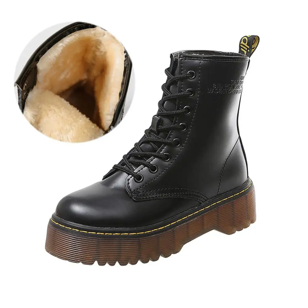 Женские ботинки; сезон осень-зима; ботинки из натуральной кожи; обувь на шнуровке с мягким мехом; ботинки на плоской платформе; женские ботинки с круглым носком; WJ005 - Цвет: fur black