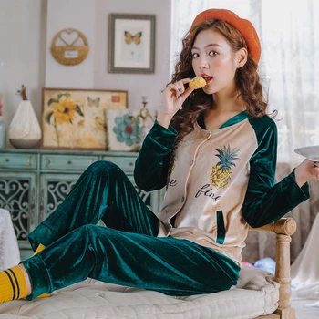 

2020 Winter Thick Warm Gold Velvet Pajama Sets For Women Long Sleeve Soft Pyjamas Female Lounge Home Clothing Sleepwear Homewear