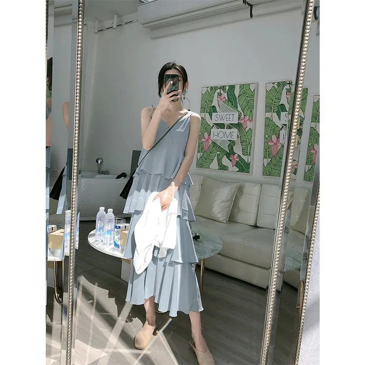 

Dress Women's 2019 New Style Summer Camisole Chiffon Popular Sleeveless Immortal Cake Long Skirts Summer nei da qun Sub-