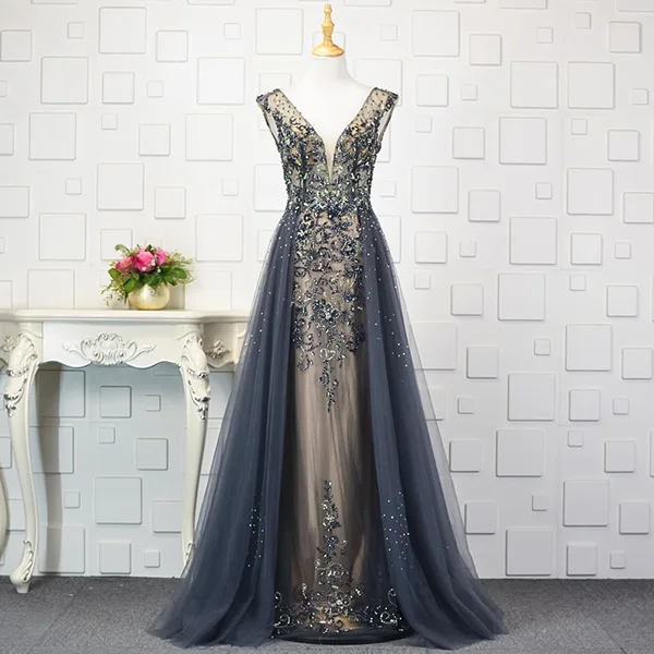 YY087 arabic evening dress long v-neck backless navy blue mother of bride dress A-line evening gown new robe soiree sexy longue - Цвет: as photo grey