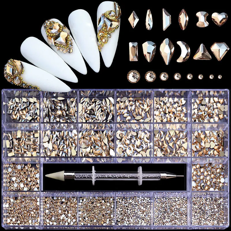 2500pcs Luxury Shiny Diamond Nail Art Rhinestones Crystal Decorations Set AB Glass 1pcs Pick Up Pen In Grids Box 21 Shape 5