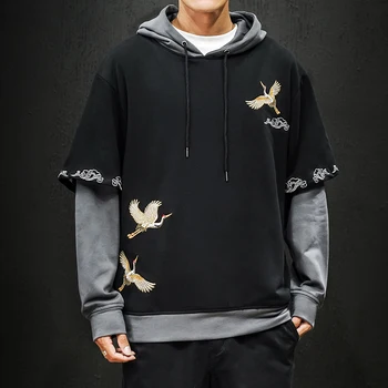 

2019 Autumn Men's Tide Embroidery Pullover False Two Piece Sweatshirt Split Joint Male Hooded Zipper Hoodies Cotton Casual Coats