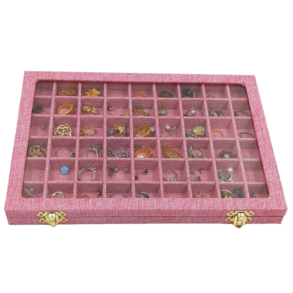  Jewelry Tray Box Storage Ring Bracelet with 54 Mini Grids Clear Glass Lid Showcase Display for Home Shop Counter Organizer Ring