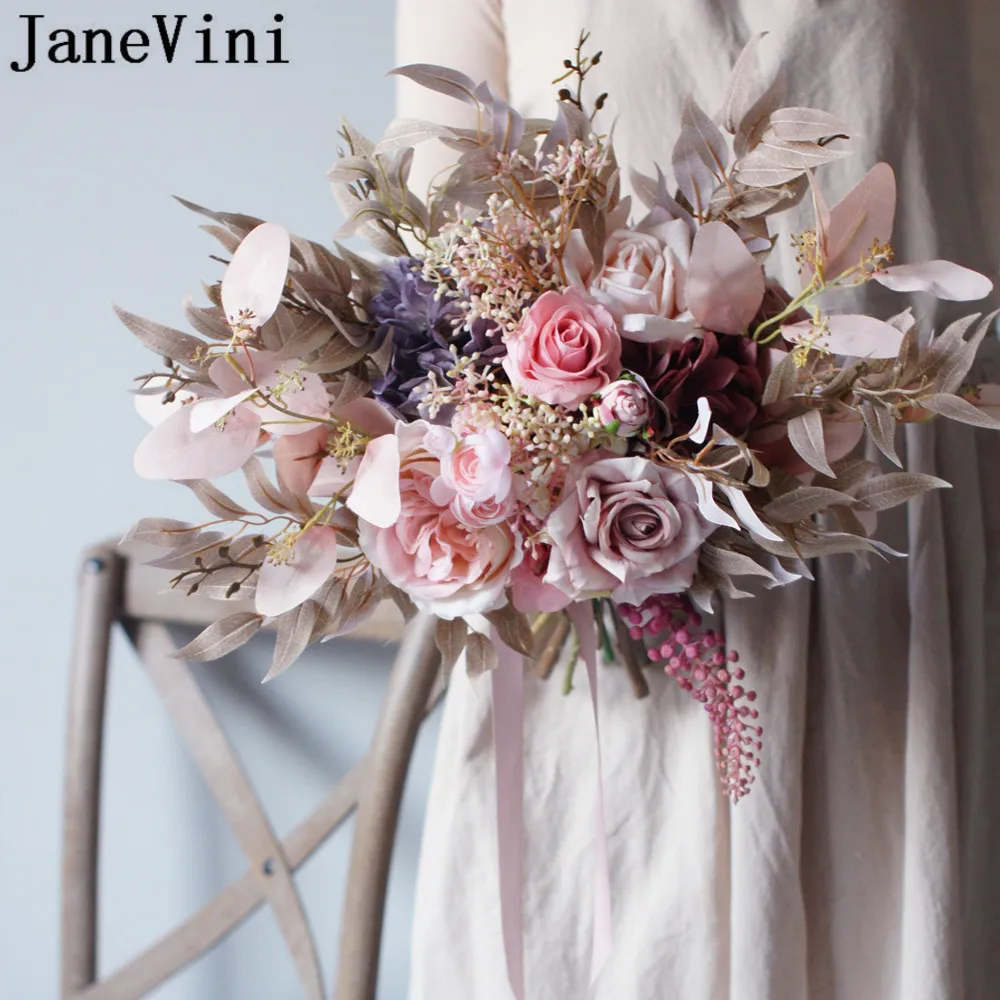 JaneVini 2020 Vintage Pink Wedding Flowers Bridal Bouquets Ramo Artificial Fake Flower Roses Leaves Wedding Brooch Bride Bouquet