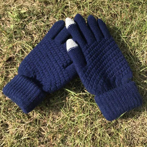 Women Winter Warm Knitted Thick Stretchy Mittens Female Thermal Casual Covered Finger Halter Gloves Girls Accessories MX129 - Color: Navy Blue