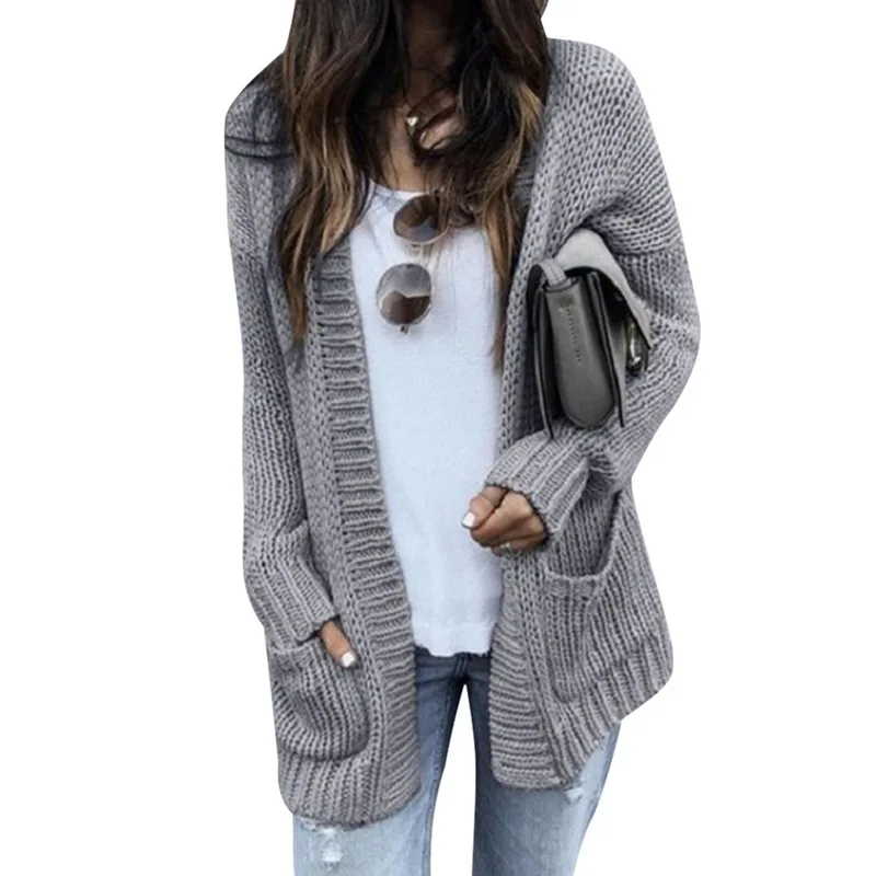 

Cardigan Women Long Sleeve Knitted Double Pockets Cardigan Autumn Winter Women Sweaters 2020 Knitting Coat Mujer Invierno