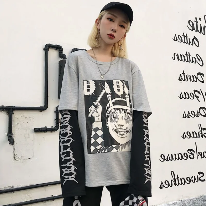 Harajuku толстовка женская с принтом аниме поддельные 2 шт o-образным вырезом с длинным рукавом японские комиксы повседневные свободные весна осень тройник Топ