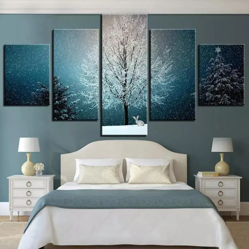 

Winter Night Snow Scene White Snow Lonely Tree White Rabbit Beautiful Poster Home Decoration Hd Canvas Print Poster