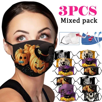 

3pcs Adult Halloween Print Windproof Face Shield Face Mask Breathable Mouth Mask Washable Face Shield Reusable Cloth mondmaskers