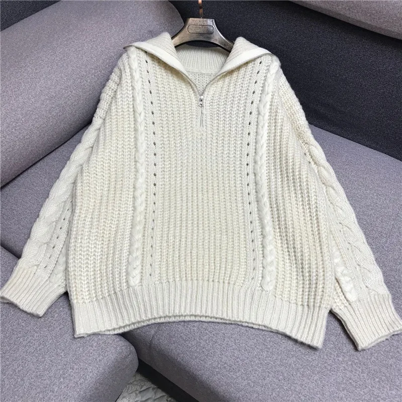 #Special Offers Luxury Designer Brand Knitted Pullovers for Women Causel Turtleneck Zipper Hollow Out Twist Loose Beige Knitted Sweater