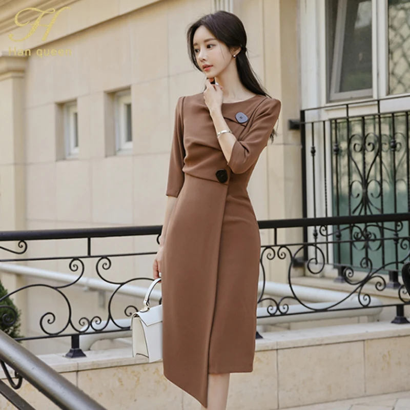 H Han queen корейский стиль o-образным вырезом 3/4 рукав нерегулярное облегающее платье для женщин осенние винтажные платья OL тонкая Рабочая одежда Vestidos