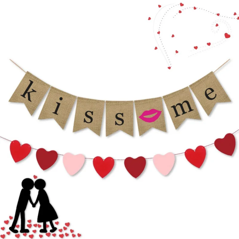 Kiss Me Banner For Valentine's Day Engagement Wedding Party Decoration Retro Pull Flag Romantic DIY Supplies Decor Banner