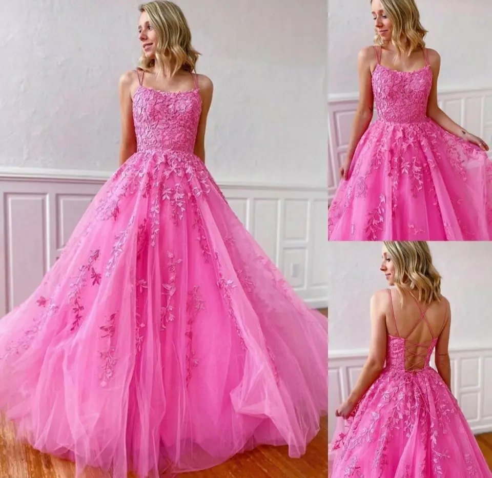 

Elegant A-Line Halter Long Lace Evening Dresses Spaghetti Straps Floor Length Criss-Cross Back Formal Party Dress for Women