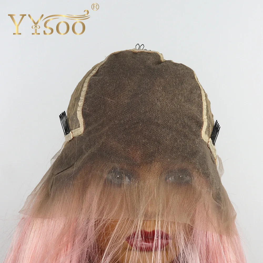 YYsoo Long13x6 шелк прямой кружевной передний синтетический парик без клея Ombre розовый парик для женщин термостойкие волокна волос парик темные корни