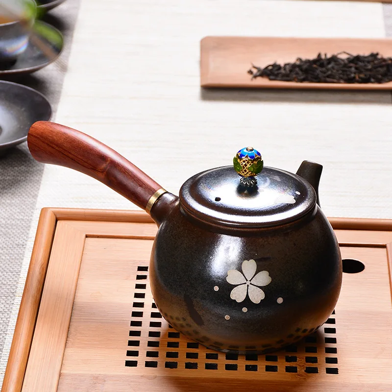 

Sterling silver handmade 999 red sandalwood side pot sterling silver hammer pattern silver pot tea set