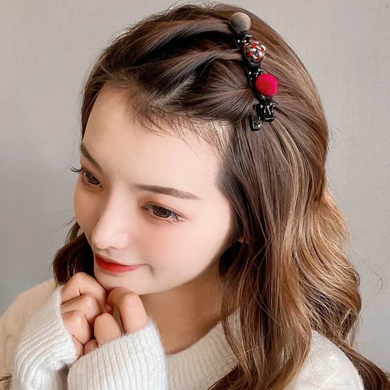 Pom Ball Cloth Braid Hairpins Hair Clip Pin for Women Girls Double Layer Hairstyle Tool Hairgrips Hair Accessories Headwear cute hair clips