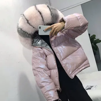 

Duck Down Jacket Female 2019 New Winter Fashion Loose Women Glossy Double-faced Wearing Short Fox Fur Hooded Down Coat NS1521