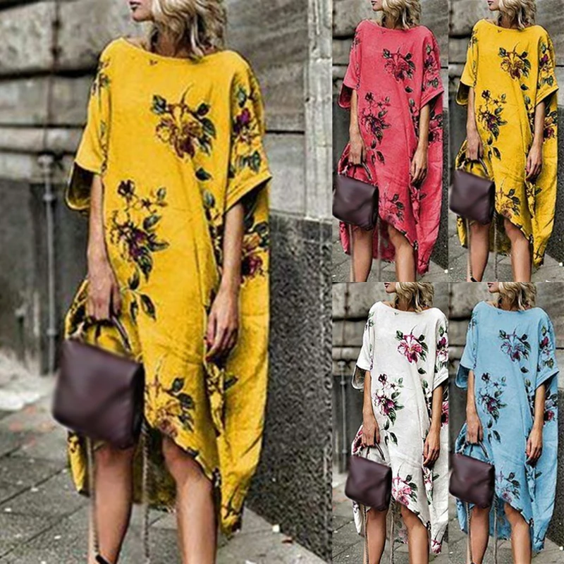 Большие размеры Boho женское платье с цветочным принтом летние женские пляжные свободные пляжные платья