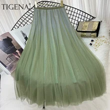 Женская плиссированная юбка TIGENA, длинная юбка из тюля, юбка макси с высокой талией для женщин на осень-зиму