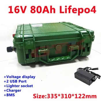 

GTK green case Lifepo416V 80Ah lithium battery pack with display waterproof for Portable external camera +10A charger