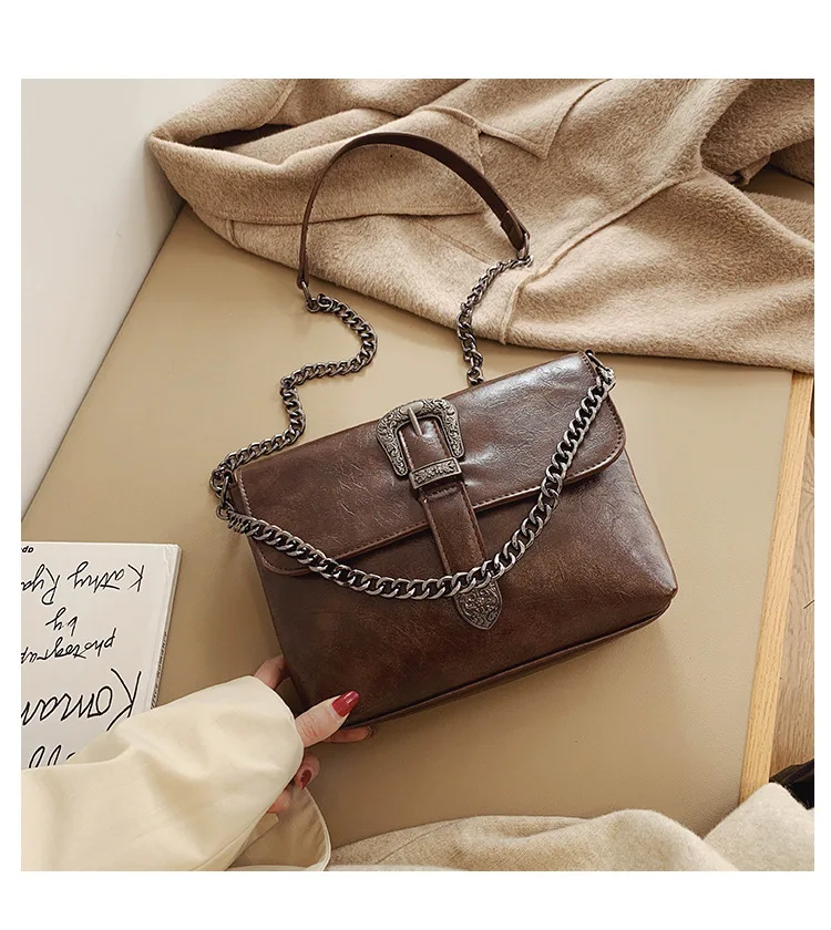 Vintage Messenger Bags Women Leather Chain Cross Body Brand Bag for Female Shoulder Messenger Bags with Strap Buckle Brown Black (6)
