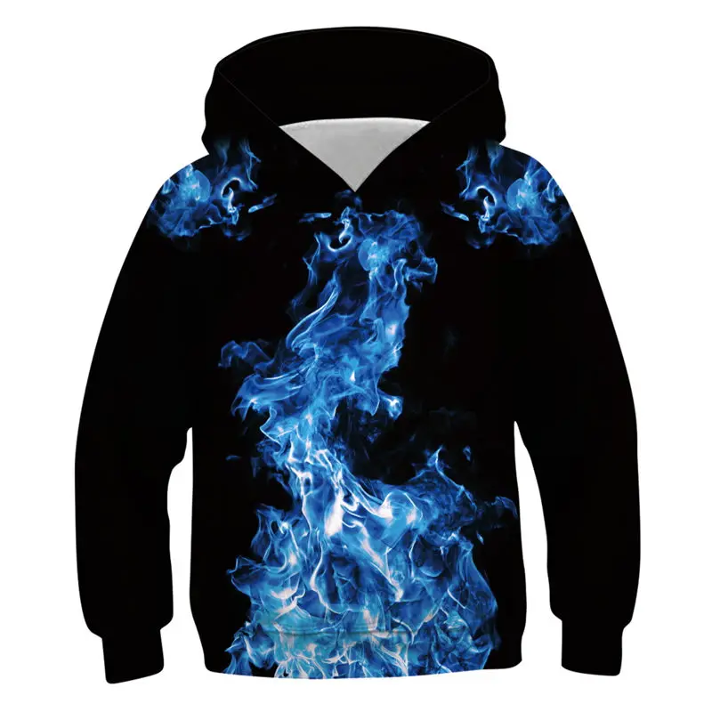 Стильный дизайн, худи для мальчиков и девочек с 3D принтом синего пламени, свитшоты, повседневный крутой спортивный костюм, детская одежда с видами Галактики, пуловер