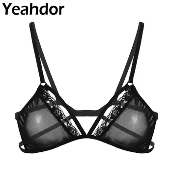 

Womens Sexy Bra See Through Sheer Mesh Lingerie Lace Trim Spaghetti Straps Deep V Neck Wire Free Unlined Open Half Cups Bra