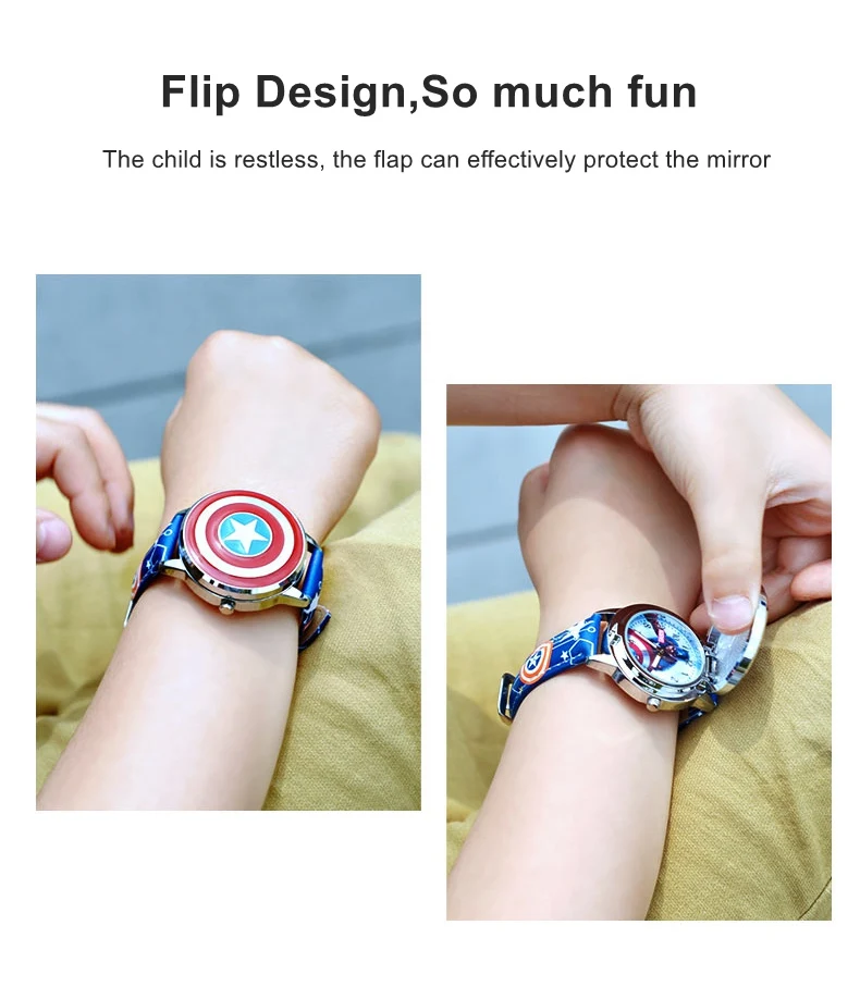 Super Hero Marvel Avengers Captain America Children's Quartz Waterproof Flip Watch Child Leather Watches Iron Men Spider Cool