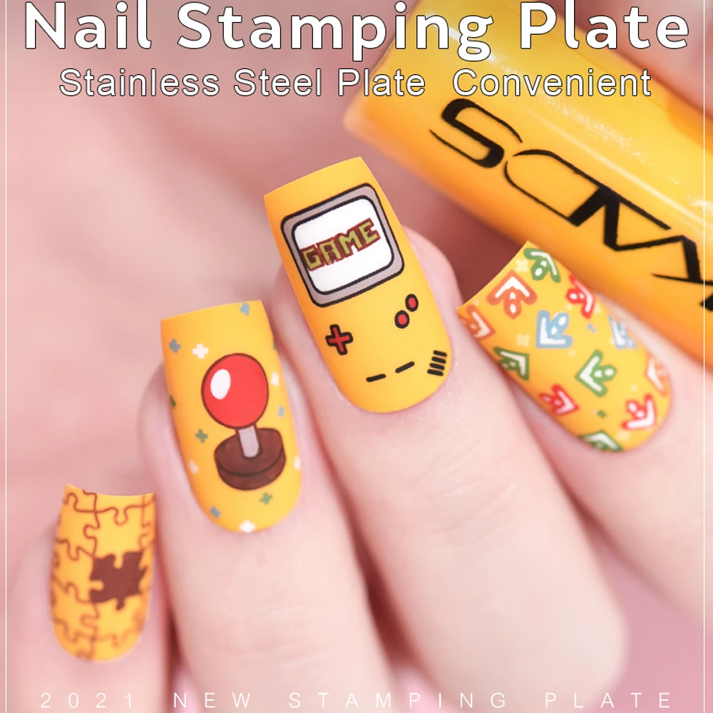 KADS-네일 아트 스탬프 플레이트, 미성도 025 네일 스탬핑 플레이트 템플릿, 귀여운 게임 버튼 이미지 플레이트 네일 아트 DIY 장식 도구
