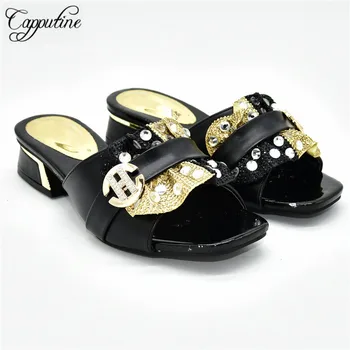 

Most popular African party medium heel slipper shoes for lady 88-9 in black , heel height 4cm