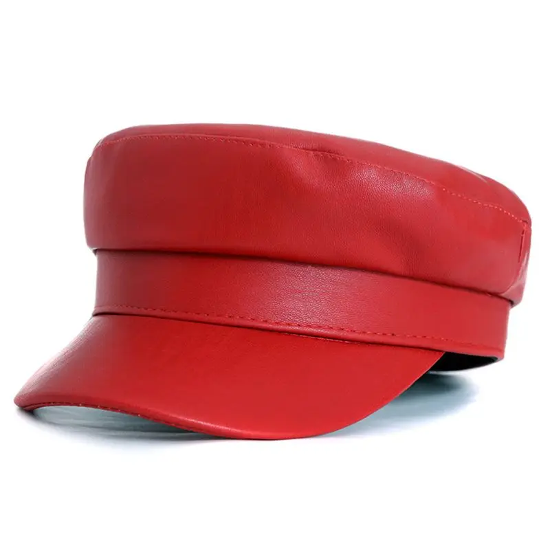 Модная женская искусственная кожа на плоской подошве головной убор моряка имитация кожи ретро дикая леди Роскошная Шляпа капитана ВМФ Женская однотонная Повседневная шляпа - Цвет: Красный