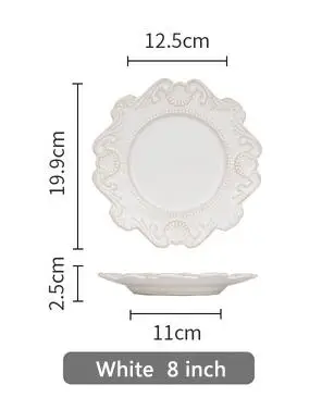 White 8 inch Тарелки Посуда, обеденные тарелки керамическая рельефная фарфоровая десертная тарелка для торта - Цвет: White 8 inch