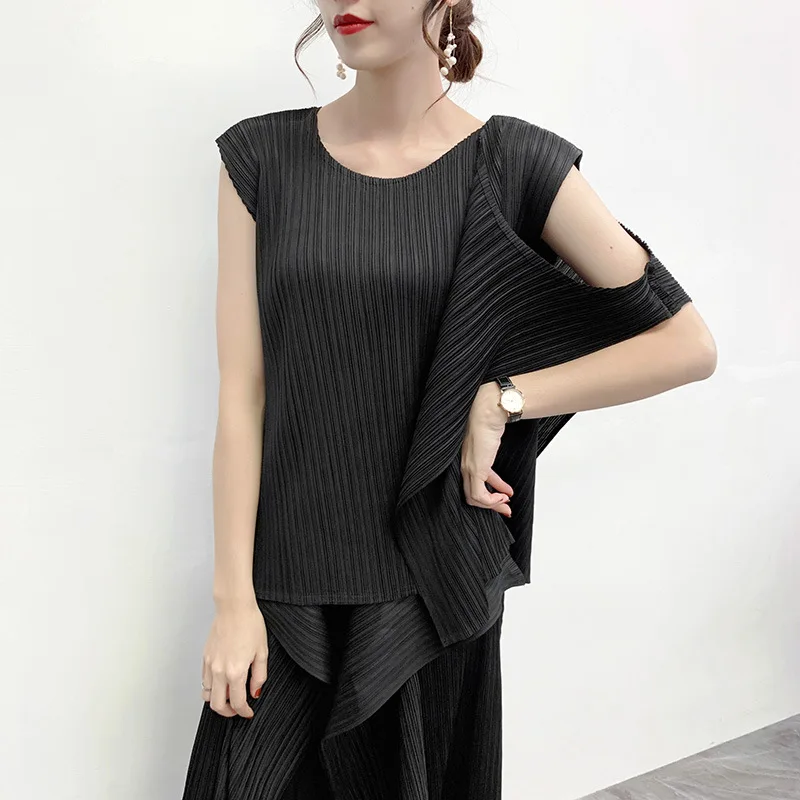

iMucci 2020 Spring New Sleeeveless O-neck Shirts Hole Ruched Design Solid Long Pants Office Lady Style Two Piece Sets TM1600