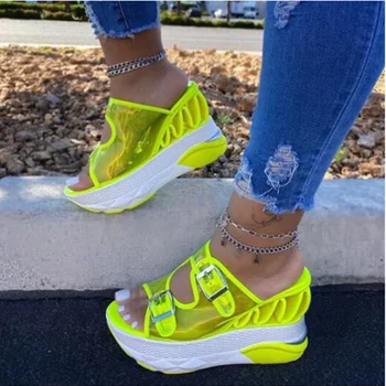 

2020 New Summer Fashion PVC Wedge Slippers Female Transparent Belt Buckle Super High Heel Platform Large Size 43 Sandals Women