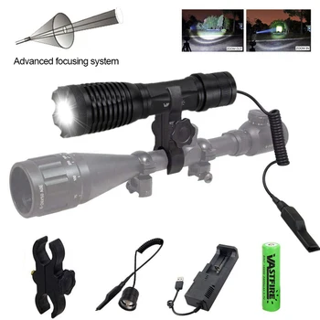 

XML-Q5 LED Tactical Hunting Flashlight Zoomable 350 Yards White Pistol Weapon Gun Light+Rifle Scope Mount+18650+Charger+Switch