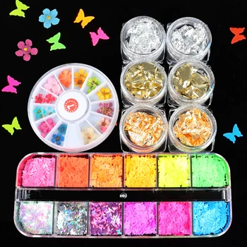 

3D Dried Flowers Fluorescence Butterfly Sequin Nail Glitter Nail Sticker Gold Irregular Nail Art Foil Paper Nail Art Decorations
