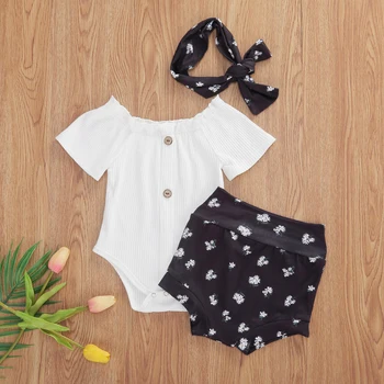 

Pudcoco Newborn Baby Girl Clothes Off Shoulder Short Sleeve Solid Color Button Romper Tops Flower Shorts Headband 3Pcs Outfits