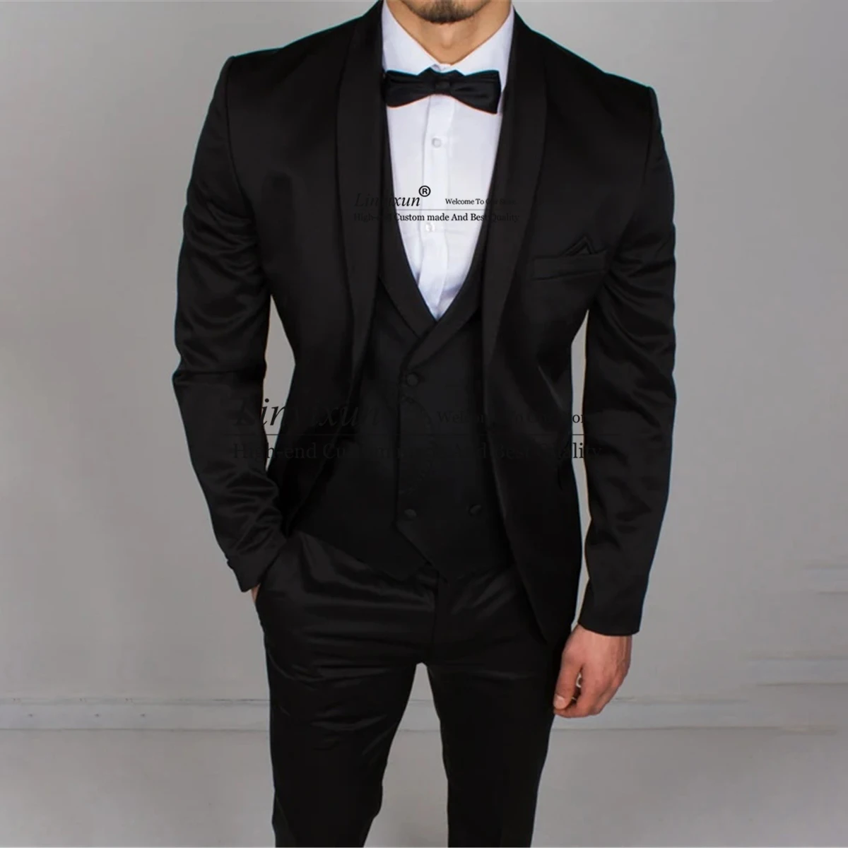 

Классические черные мужские костюмы, свадебный смокинг для жениха, Официальный Банкетный Блейзер, приталенный комплект из 3 предметов, мужской костюм для жениха
