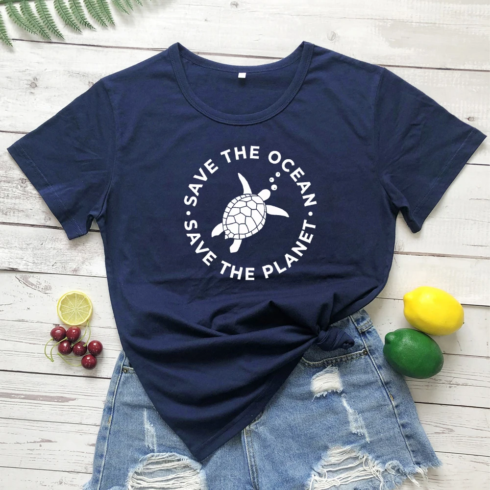 Футболка с принтом в виде черепахи Save The океана Save The Planet стильная женская футболка с графическим принтом и эко-принтом летняя хлопковая Футболка с круглым вырезом и лозунг tumblr - Цвет: navy blue-white text