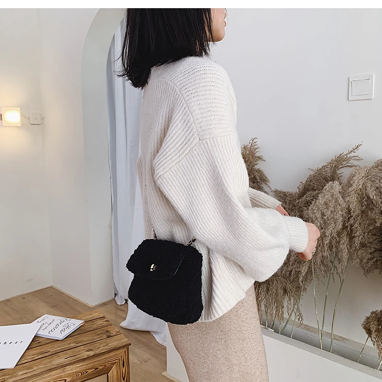 Elegant Female Plaid Crossbody Bag Winter New Quality Soft Plush Women's Designer Handbag Lock Chain Shoulder Messenger Bag