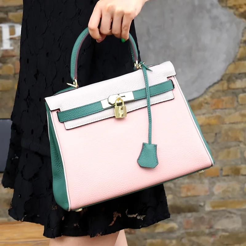 

2019 Spring And Summer New Style WOMEN'S Leather Handbag Embossed Leather Solid Color Kelly Closed-toe Layer Cowhide Single-shou
