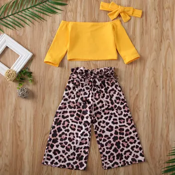 

Spring Off Shoulder Long Sleeve Yellow Tops Leopard Wide Leg Pants Clothing Outfits 3PCS Toddler Baby Kids Girls Clothes Set