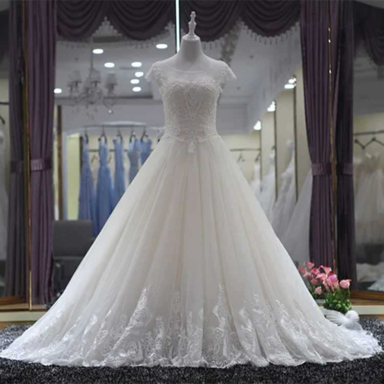 『Cheap!!!』- Beaded Scoop Neck Tulle Ball Gown Wedding Dress with
Short Sleeves 2021 Court Train Wedding Gowns High Quality Personalized