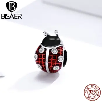 

BISAER Ladybug Charms Insect Beads 925 Sterling Silver Red Enamel Animal Pendant Fit Original Bracelet DIY Necklace ECC1481