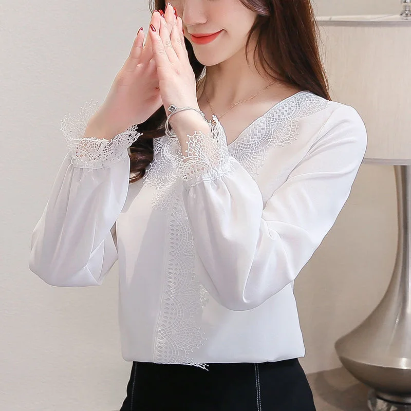  Women Spring Summer Style Lace Chifon Blouses Shirts Lady Casual Long Lantern Sleeve V-Neck Blusas 