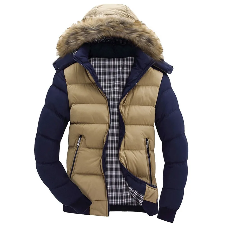 Brand New Winter Jacket Men Warm Down Jacket Fashion Brand With Fur Hood Hat Men Outwear Coat Casual Thick Mens 4XL - Цвет: Khaki