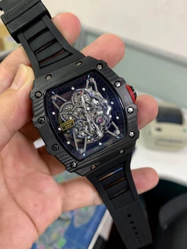 

Classic New Red Black Rubber Men Watch Sapphire Automatic Mechanical Carbon Fiber Calendar Skeleton Glass Back See Through