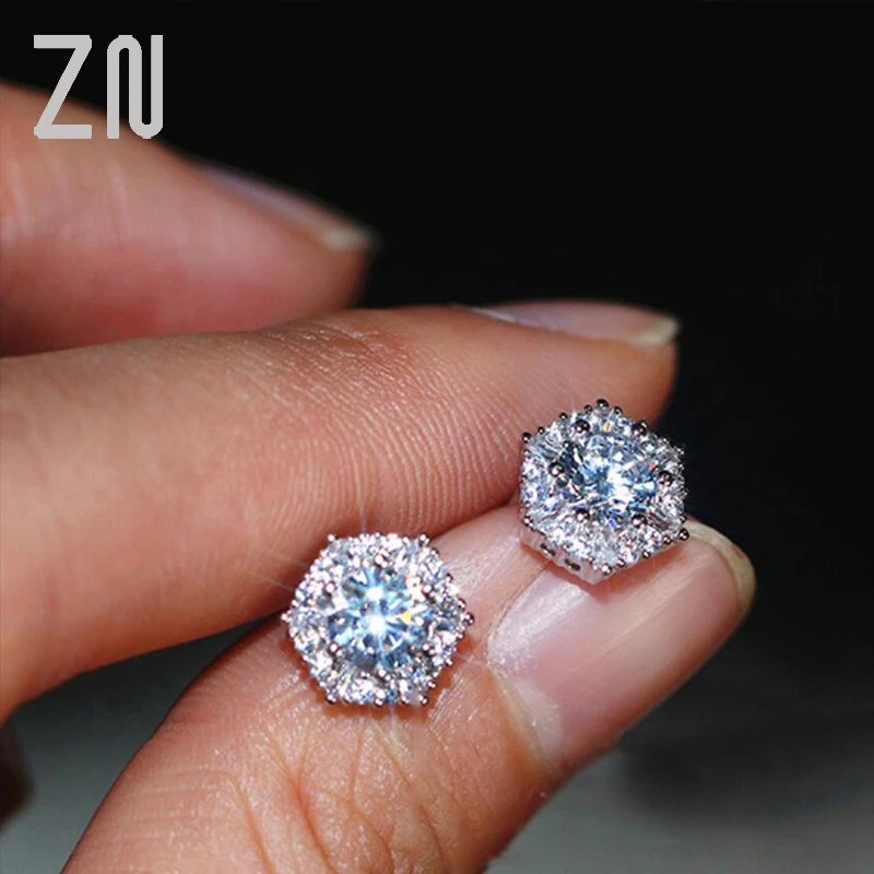 ZN Luxury Female White Cubic Zircon Stud Earrings Simple Hexagon Crystal For Women Double | Украшения и аксессуары